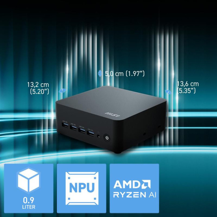 MSI Cubi Z AI 8M AMD Ryzen 9 8945HS Barebone 0.9L sized PC Noir AMD SoC 4 GHz Haut-parleurs intégrés 