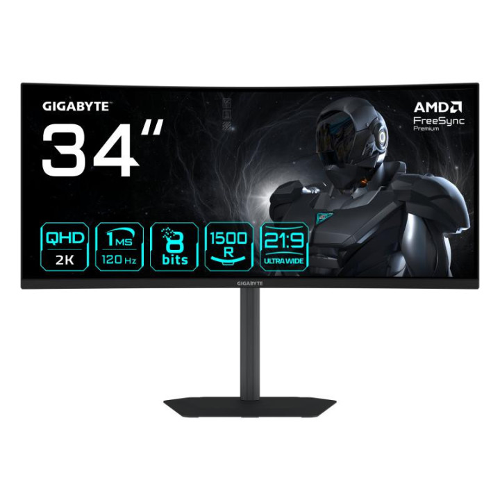 GIGABYTE GS34WQCA Écran Gaming Incurvé 34" WQHD ? 3440 x 1440, 1500R, 120Hz, 1ms, 300 cd/m², FreeSync Premium, HDR Ready, HDMI 2