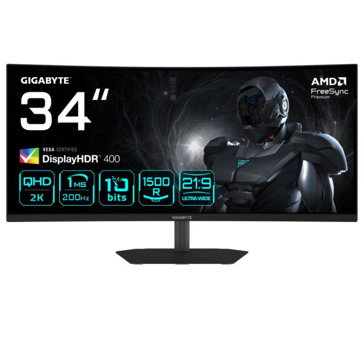 GIGABYTE G34WQC2 Moniteur Gaming Incurvé 34? WQHD - 3440 x 1440, 1500R, 200Hz, 1ms, 450 cd/m², AMD FreeSync Premium, DisplayHDR 