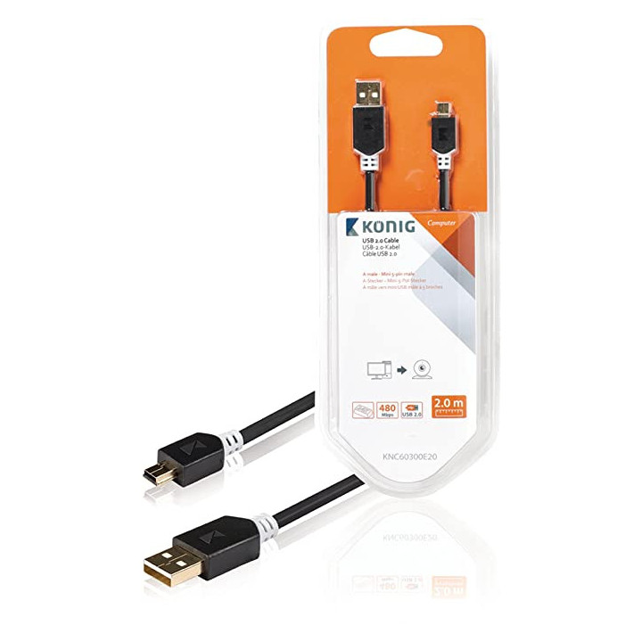 USB 2.0 Cable A Male - Mini 5-Pin Male Round 2.00  - KNC60300E20 | Générique 