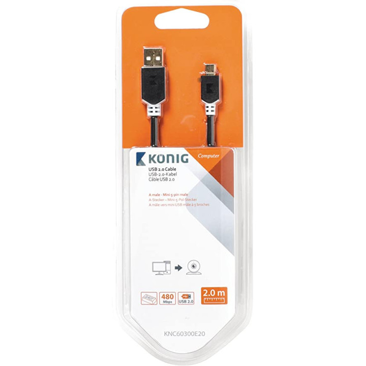 USB 2.0 Cable A Male - Mini 5-Pin Male Round 2.00  - KNC60300E20 | Générique 