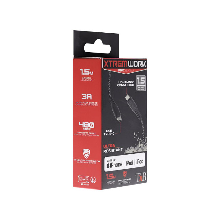 Câble USB-C PD vers Lightning XTREMWORK - 1.5m - XCBLTC150 | T'nB 