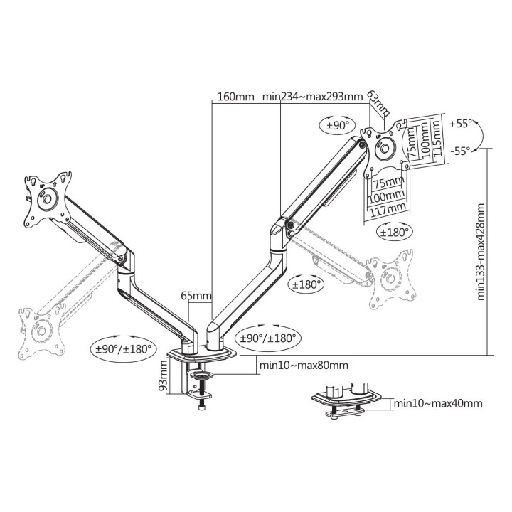 Support de bureau Full Motion 2 écrans 17"- 32" - 0152602 | Kimex International 